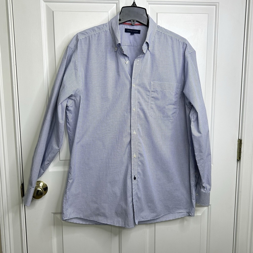 Tommy Hilfiger Button Down Dress Shirt White Blue Mens 16 1/2 Regular Fit Check